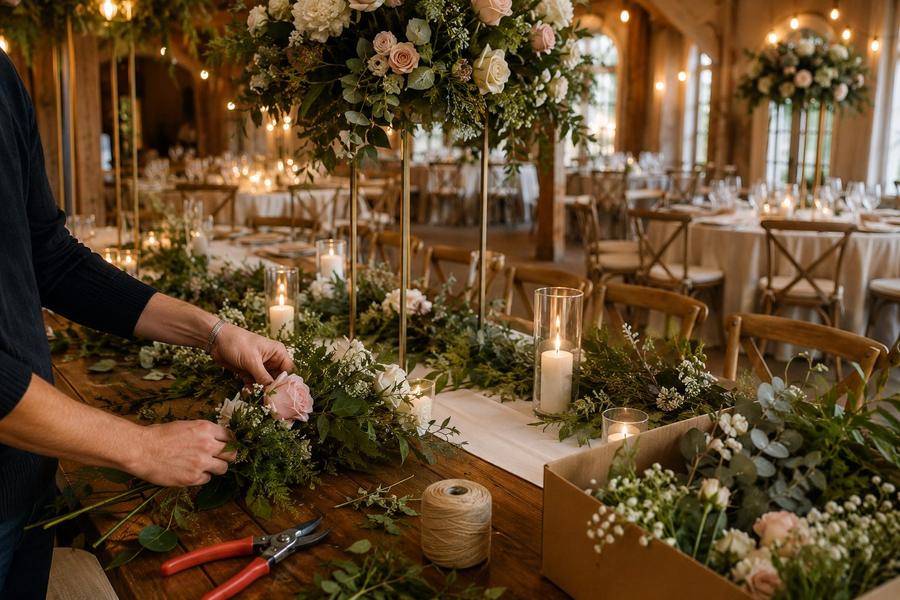 Centro de mesa alto de boda decorado por Floristería Andrea