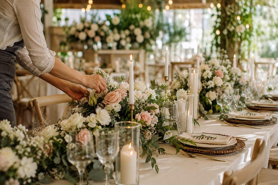 Mesa de boda decorada con flores y velas por Floristería Andrea