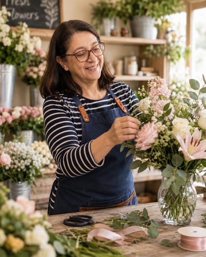Carmen rematando un centro floral con cintas en Floristería Andrea