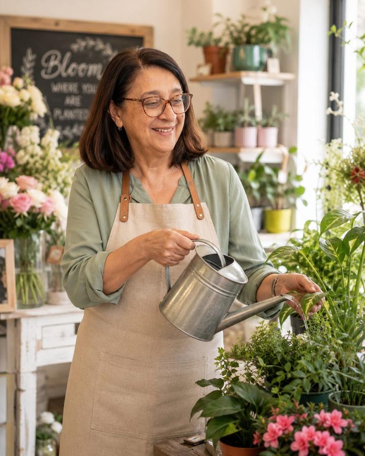 Carmen cuidando las plantas de Floristería Andrea