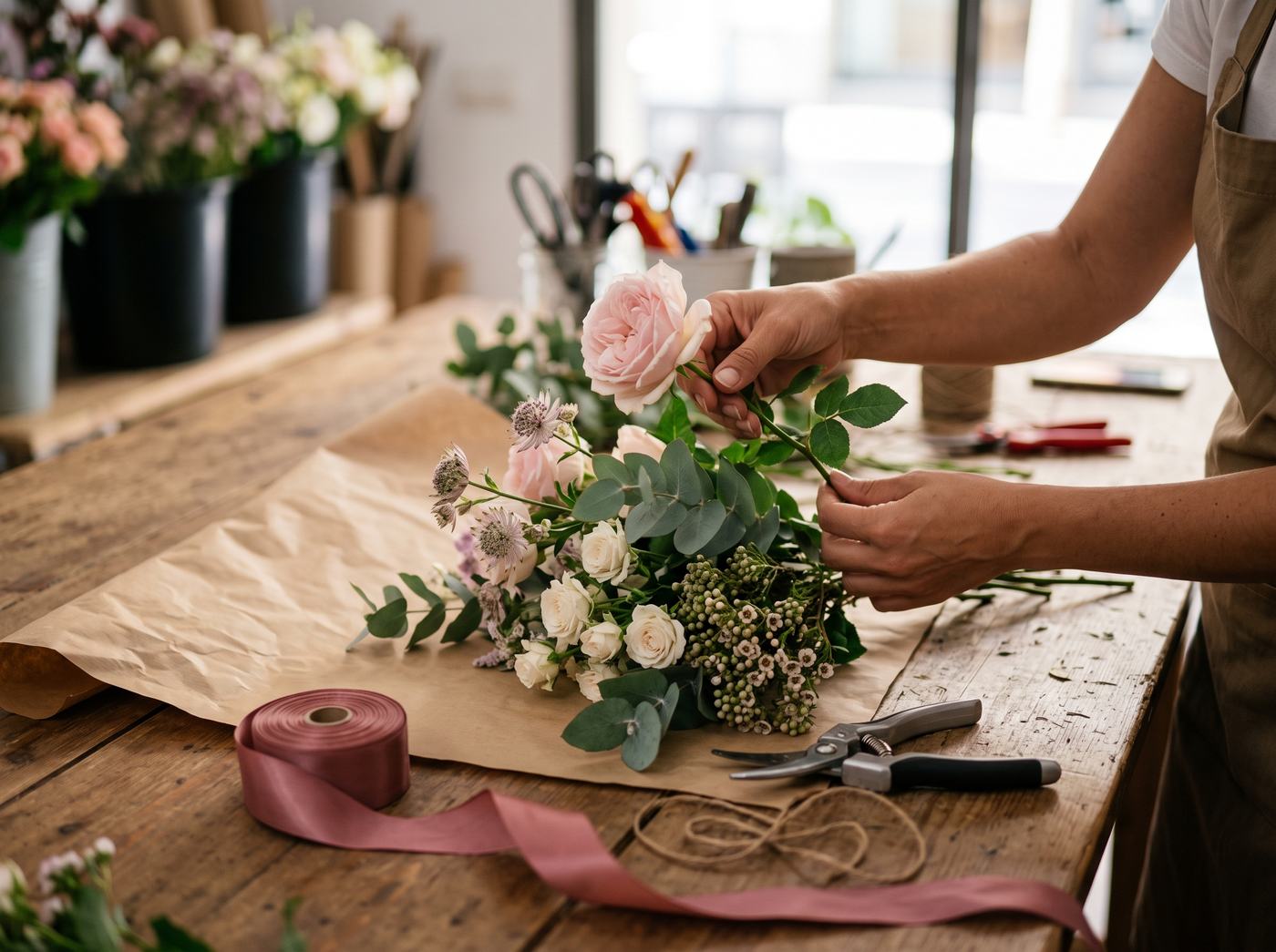 Preparando un ramo a mano en Floristería Andrea, Salamanca