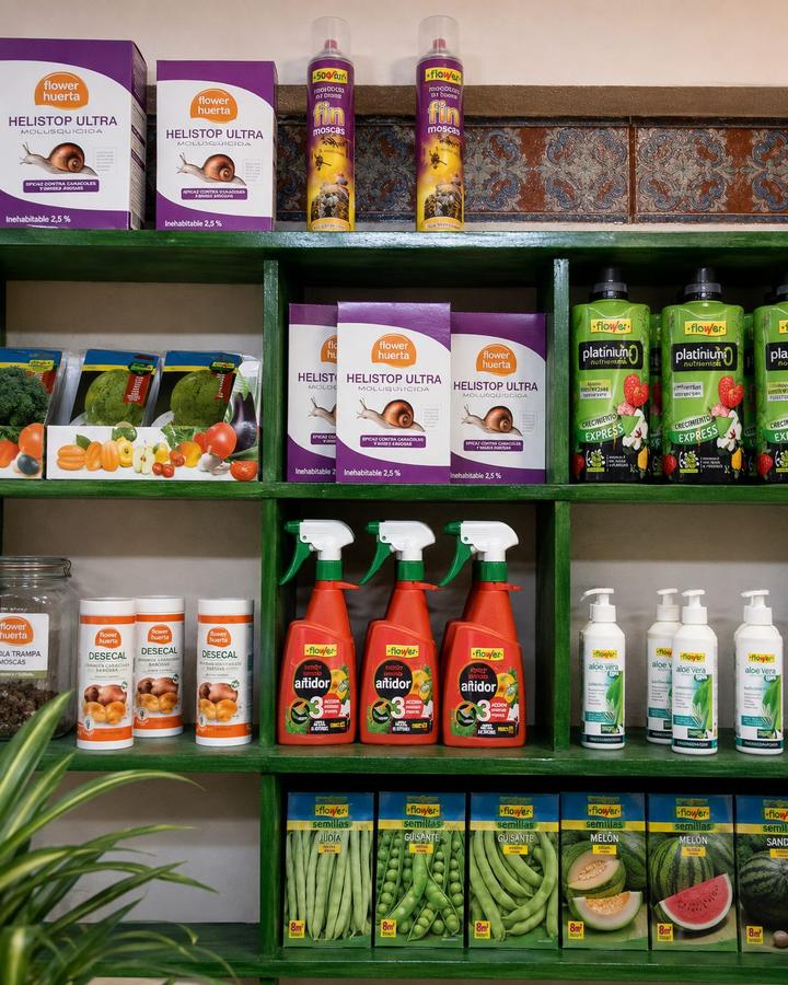 Estantería de productos de jardinería en Floristería Andrea